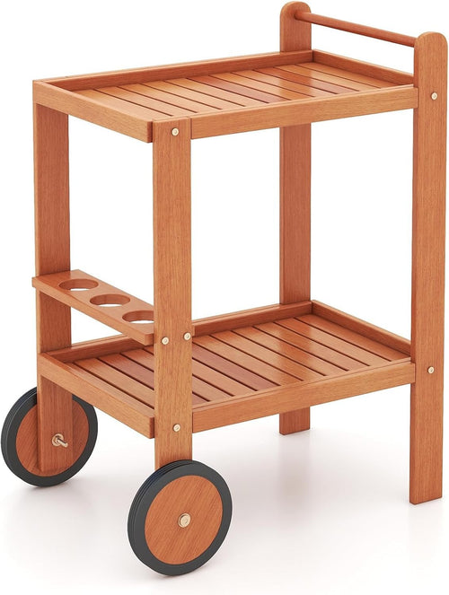 2 Tier Wooden Serving Trolley Bar Cart on Wheels with Wine Bottle Holders