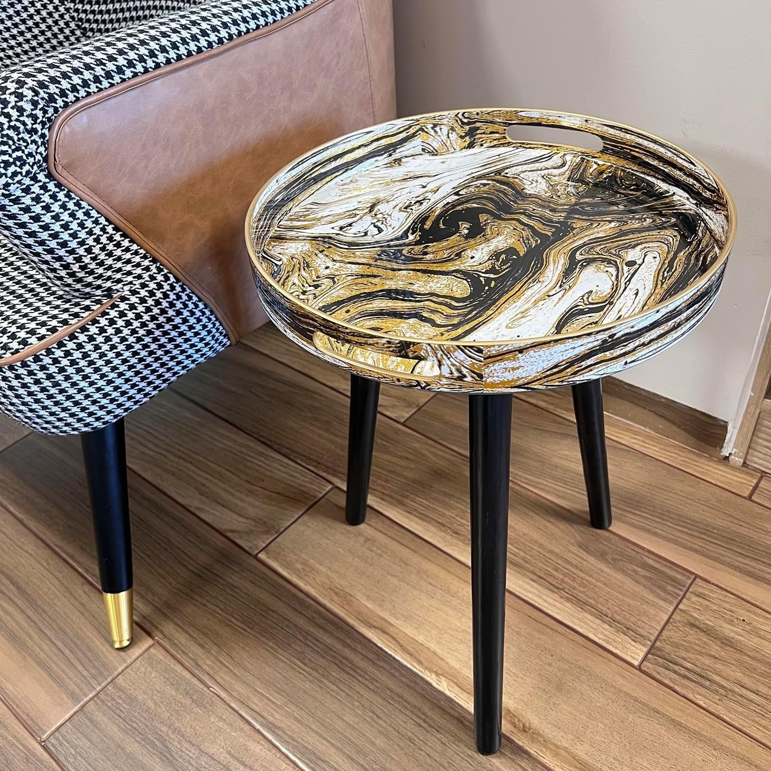 Round Side Table with Detachable Legs – 50x38x38cm Marble Black Gold