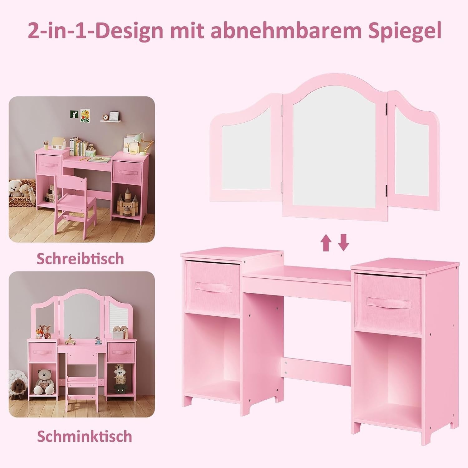 Kids Vanity Table & Chair Set w/ Mirror & Storage – Pink Makeup Desk for Girls