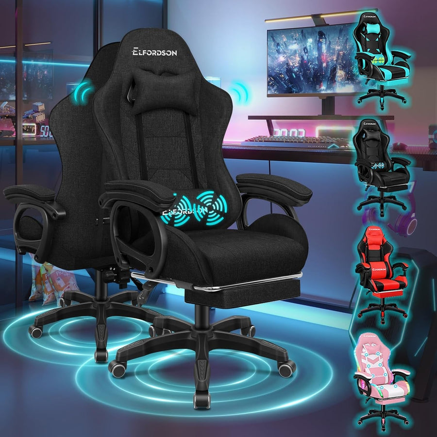 Gaming Chair Ergonomic Recliner Office Swivel Desk Seat Linen Fabric Black