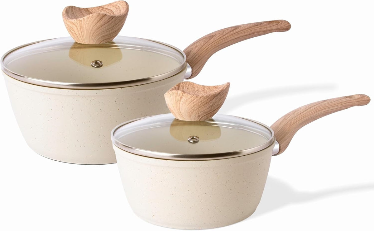 2pcs Cream Non-Stick  Saucepan Set with Lids 16cm & 18cm Induction Ready