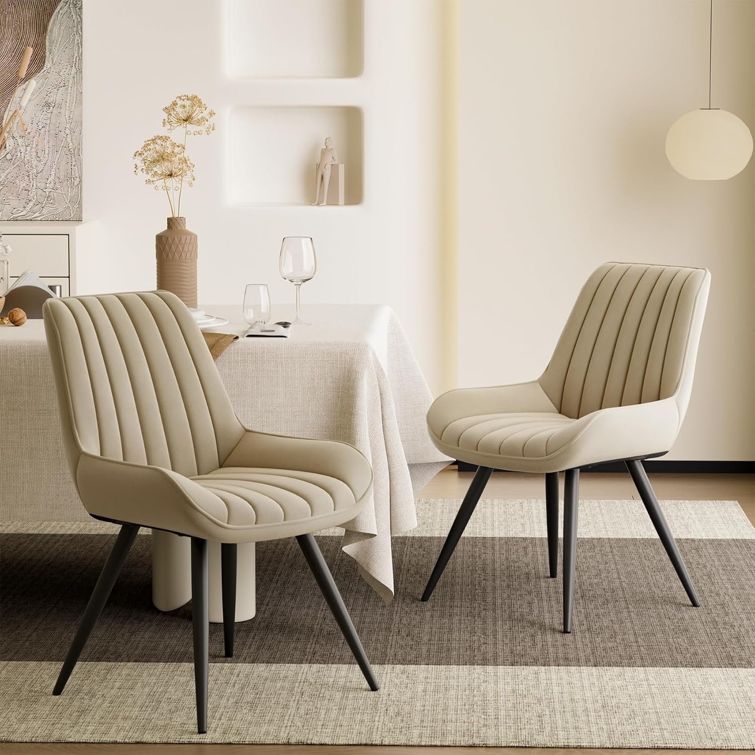 6 Beige Dining Chairs Fabric Upholstered Modern Metal Legs Padded Seat
