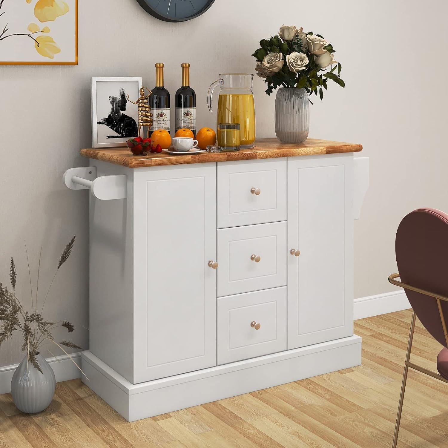 Large Kitchen Island on Wheels Storage Cabinet Rubber Wood Top Drawers