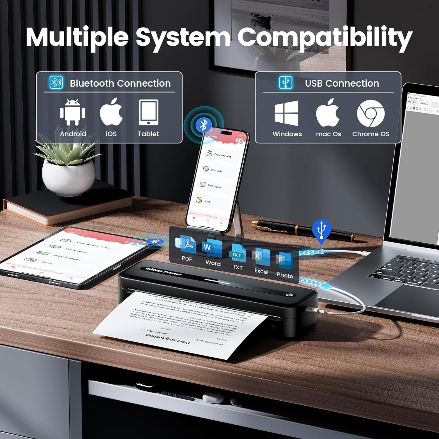Portable A4 Thermal Printer 300DPI Bluetooth Inkless USB