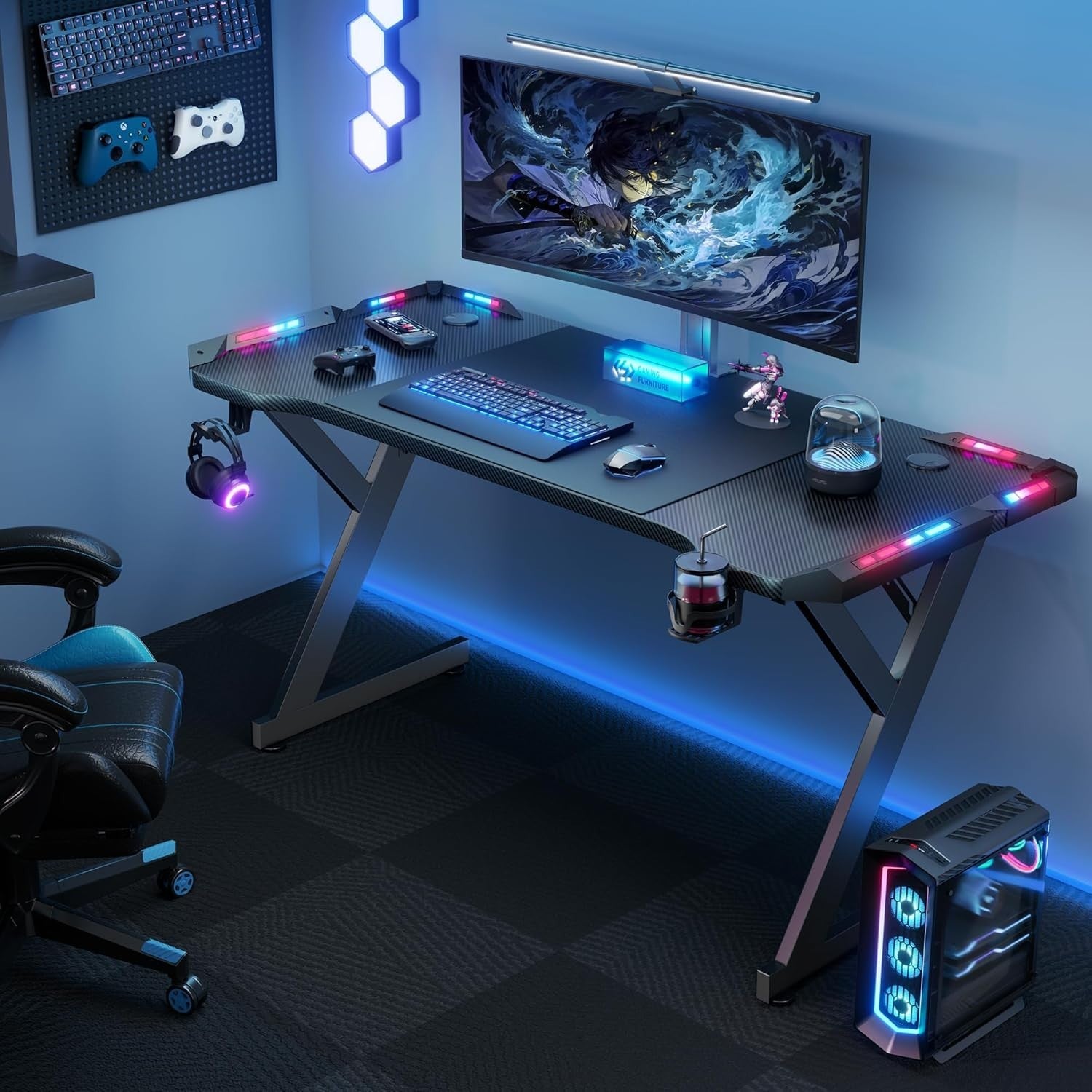 160cm Black RGB Gaming Desk w/LED Lights Cup Holder & Headset Hook