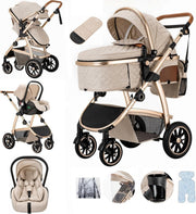 3in1 Baby Travel System Pram Pushchair Car Seat Adjustable Handle Beige