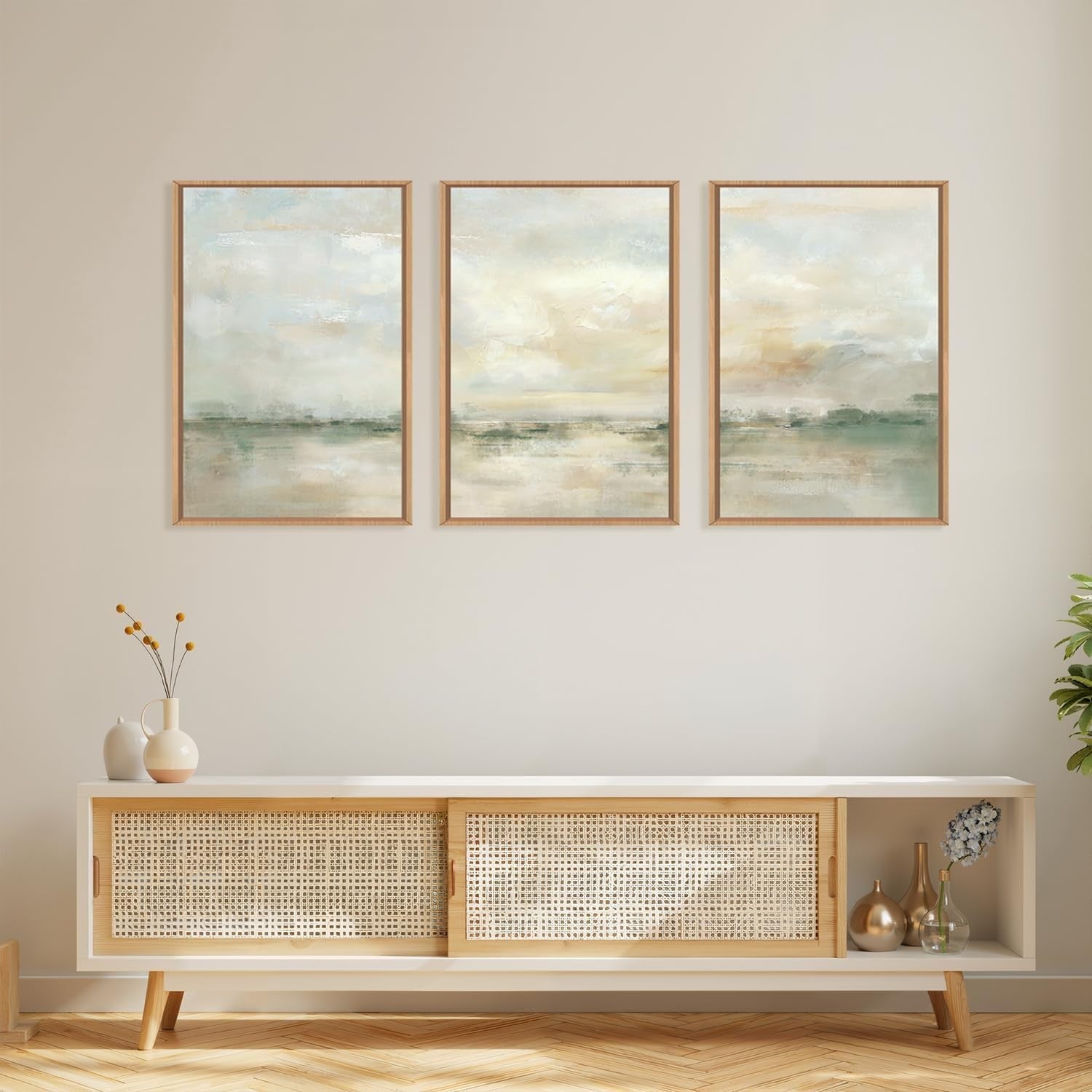 Abstract Green Grey Framed Canvas Wall Art Set 3 Neutral Modern Prints