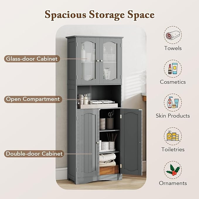 Tall Grey Storage Cabinet with Glass Doors & Adjustable Shelves 164cm