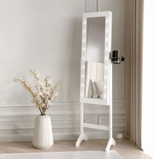 White LED Jewellery Cabinet Full Length Mirror with 6 Drawers Storage
