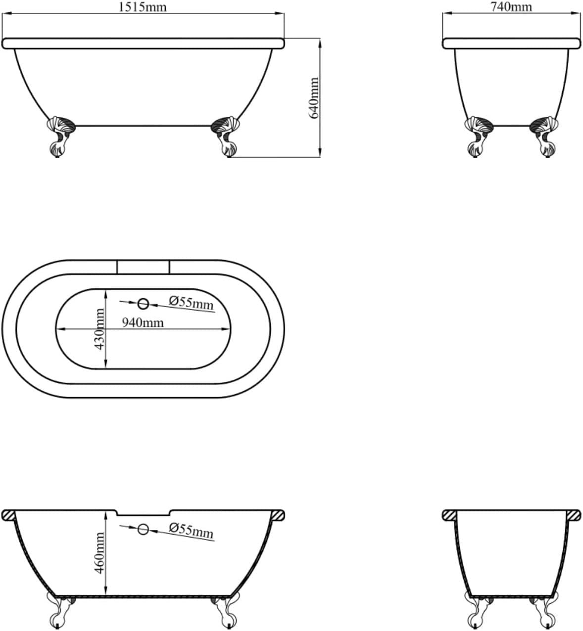 1515x740mm Double Ended Freestanding Bath White Acrylic Chrome Feet
