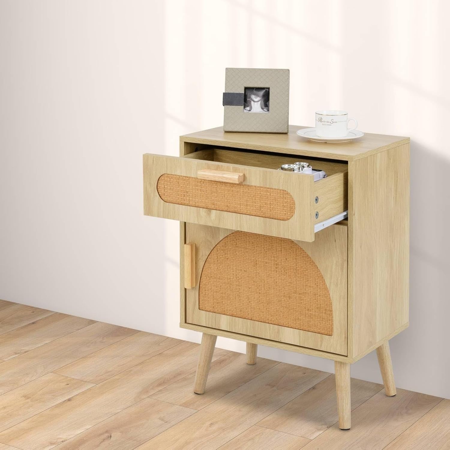 Wooden Rattan Bedside Tables Set of 2 | Boho Nightstands with Storage & Shelf