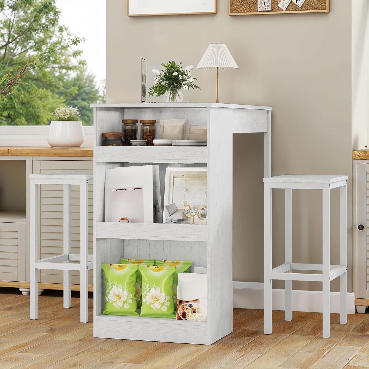 White Bar Table Set with 2 Stools Industrial Wood Top and Storage Shelves