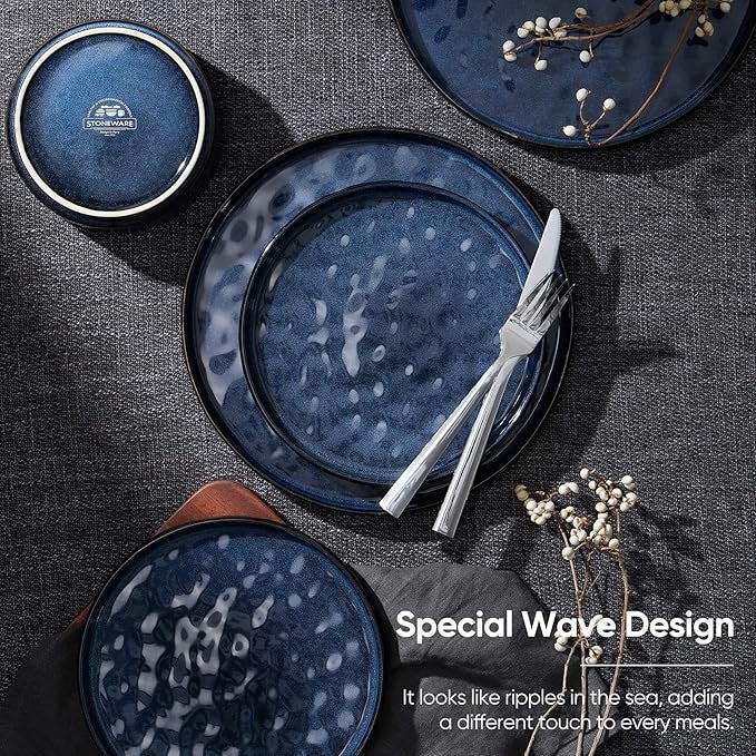 12pc Blue Stoneware Dinner Set Plates Bowls Reactive Glaze Service for 4