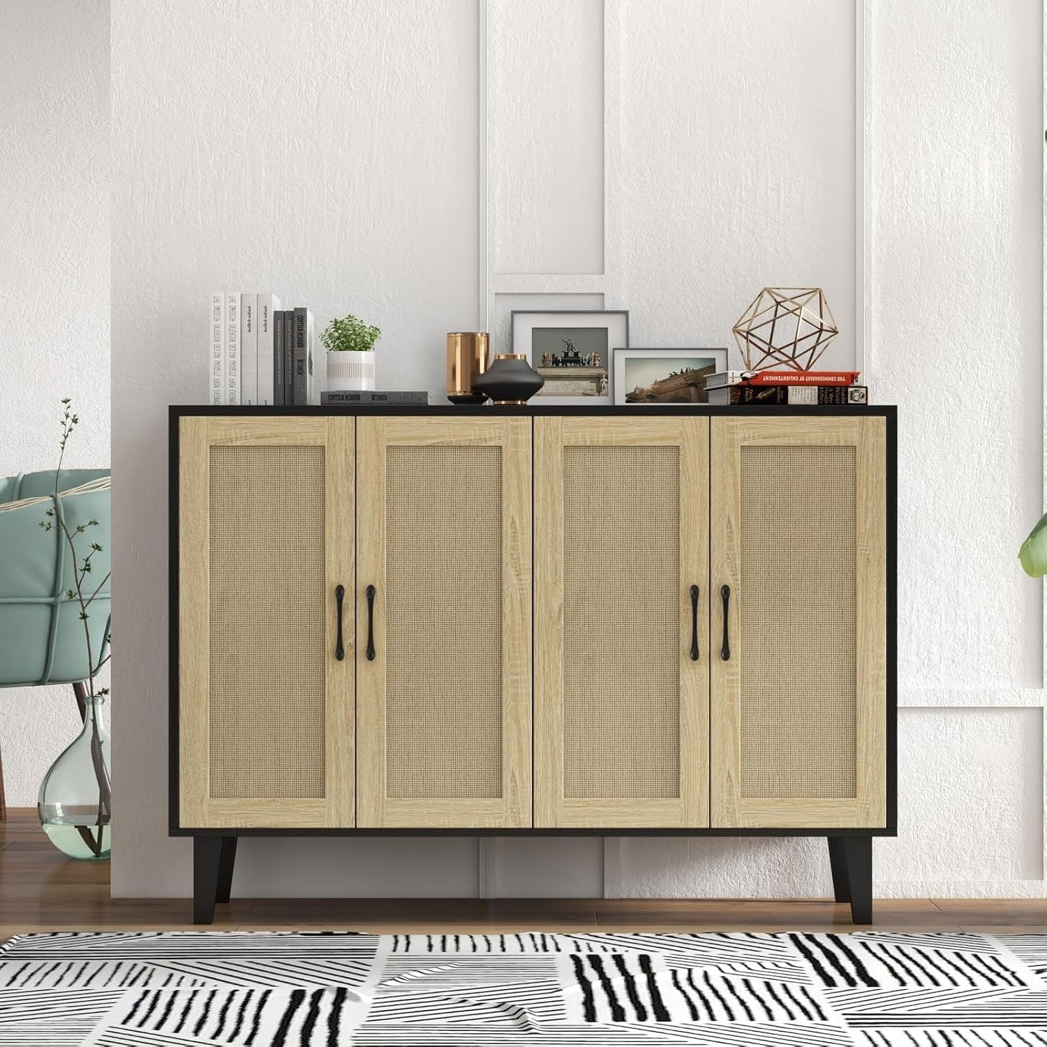 Black Buffet Storage Cabinet with Rattan Doors Adjustable Shelves Modern