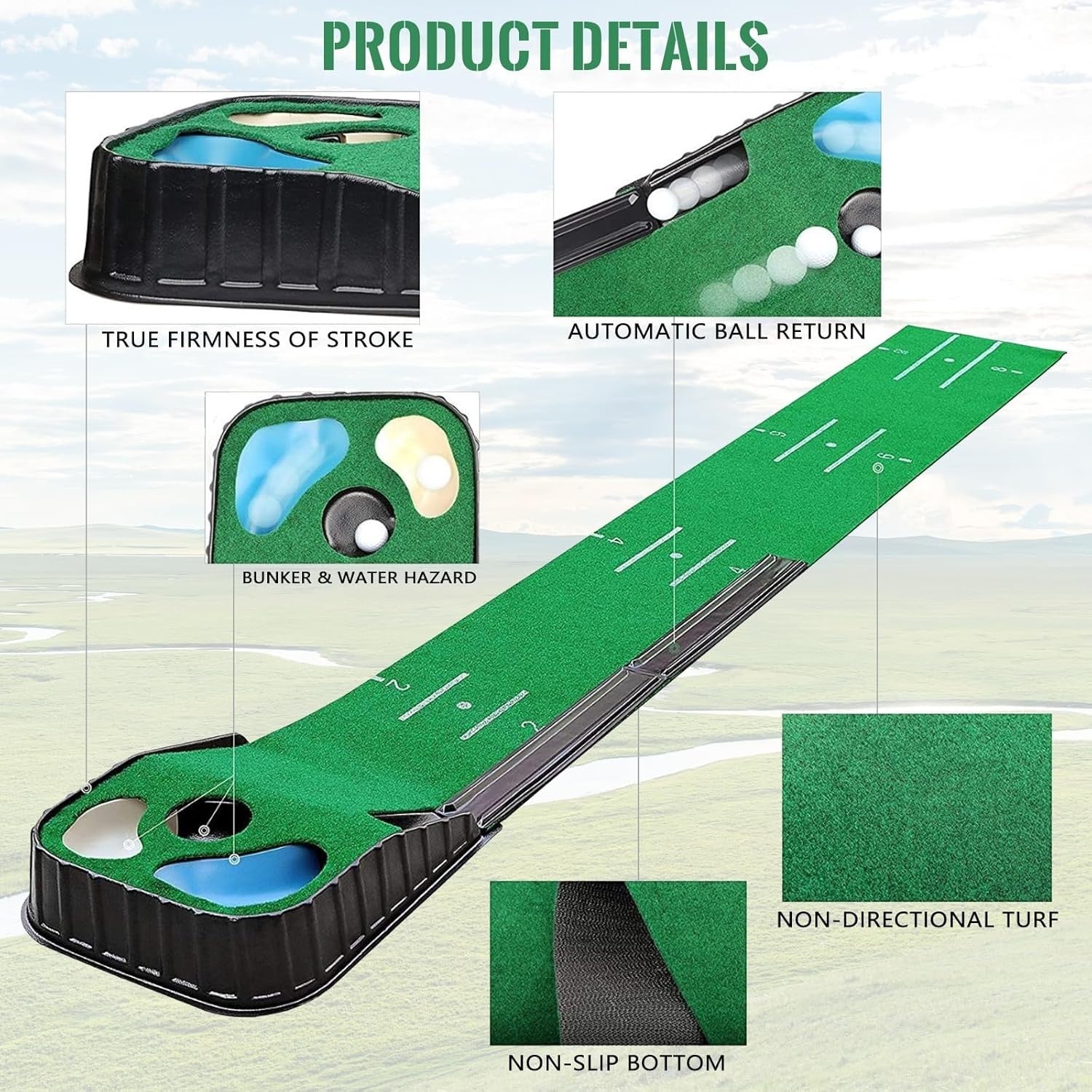 Golf Putting Mat Indoor Training Green Auto Ball Return 3 Holes