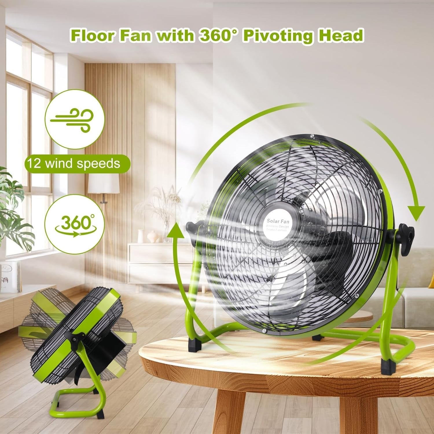 20W Solar Floor Fan – 15000mAh Rechargeable Portable 12-Speed Outdoor Black
