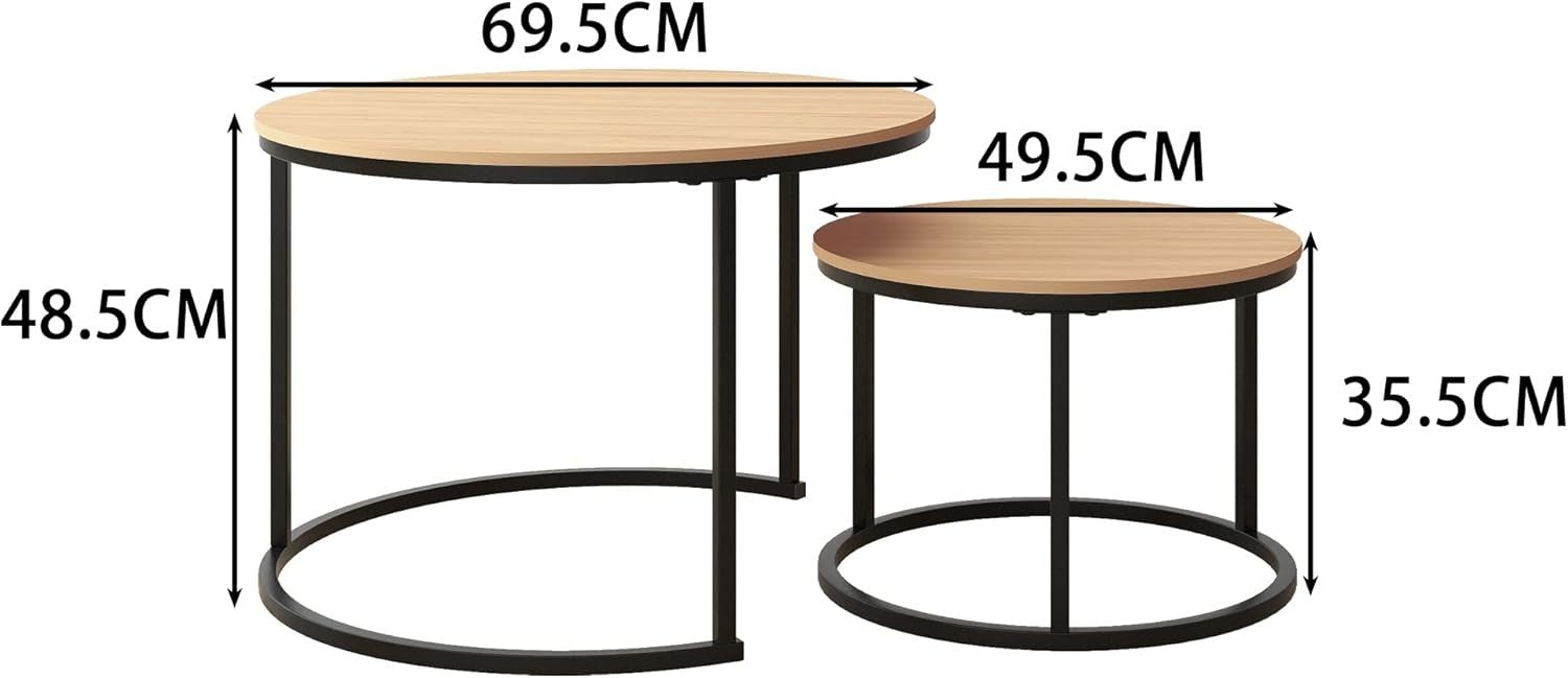 Set of 2 Round Nesting Side Tables Coffee Tea Sofa End Table Black-Oak Portable