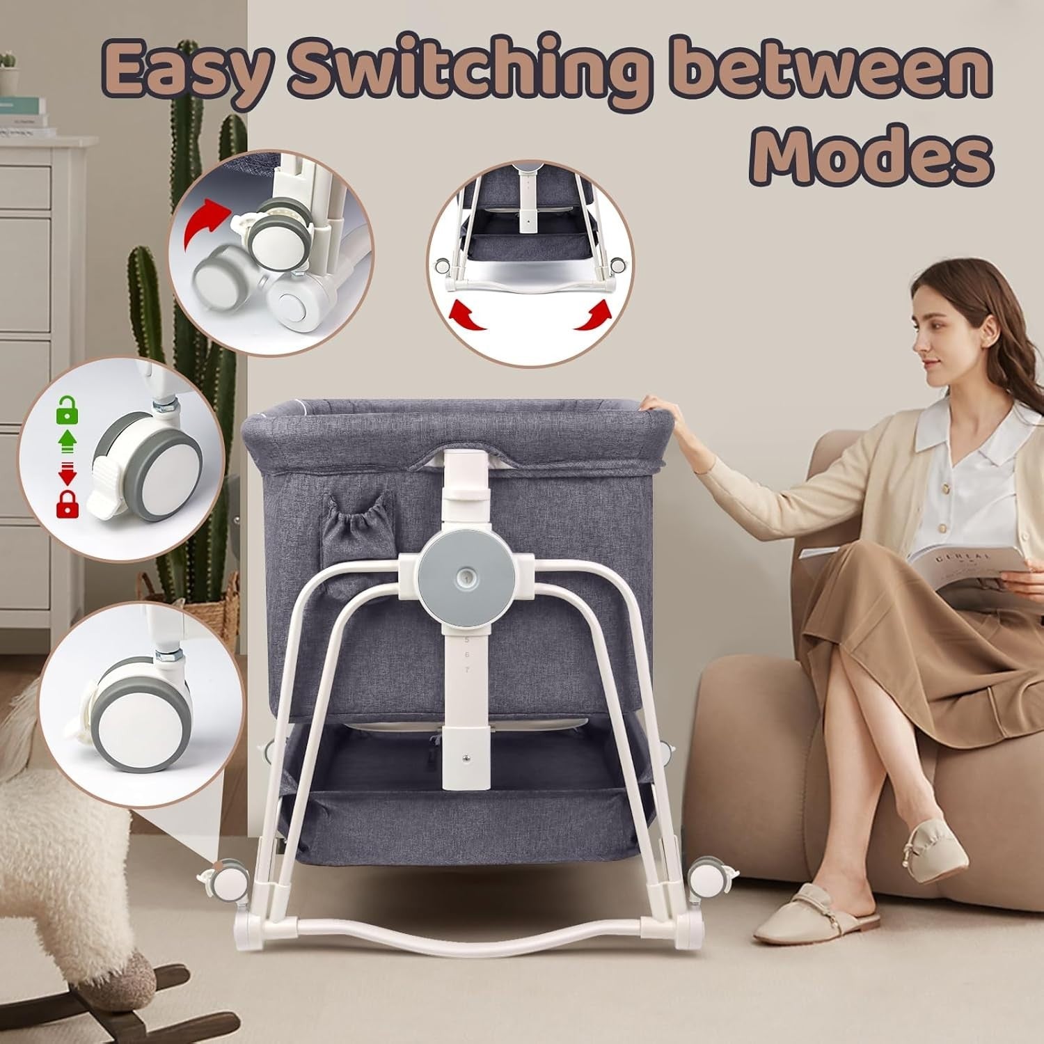 4 in 1 Baby Crib Bedside Cot with Wheels, Mosquito Net & Mattress Grey