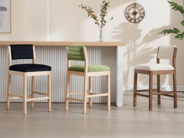 Retro Green Velvet Bar Stools Set of 2 – Wooden Leg Counter Chairs