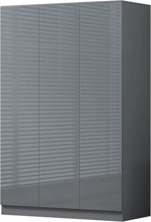 3 Door Grey Gloss Wardrobe with Hanging Rail & Shelves - 180cm x 120cm x 50cm
