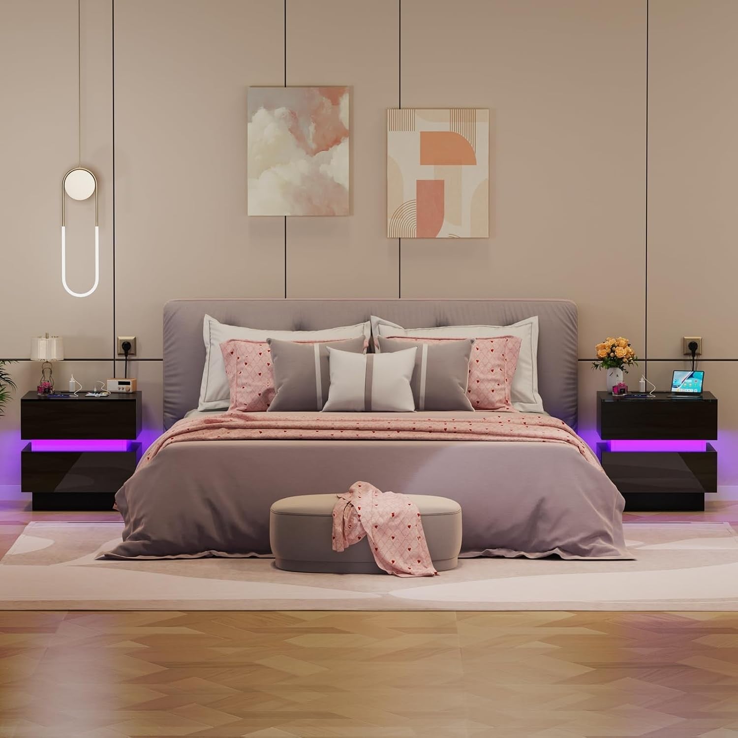 Modern Black LED Bedside Table with USB Charging Ports, Power Socket & 2 Drawers
