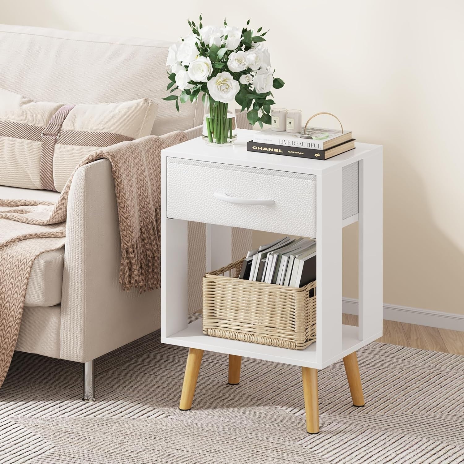 2x White Bedside Tables with Drawer & Shelf – Modern Wooden Nightstands