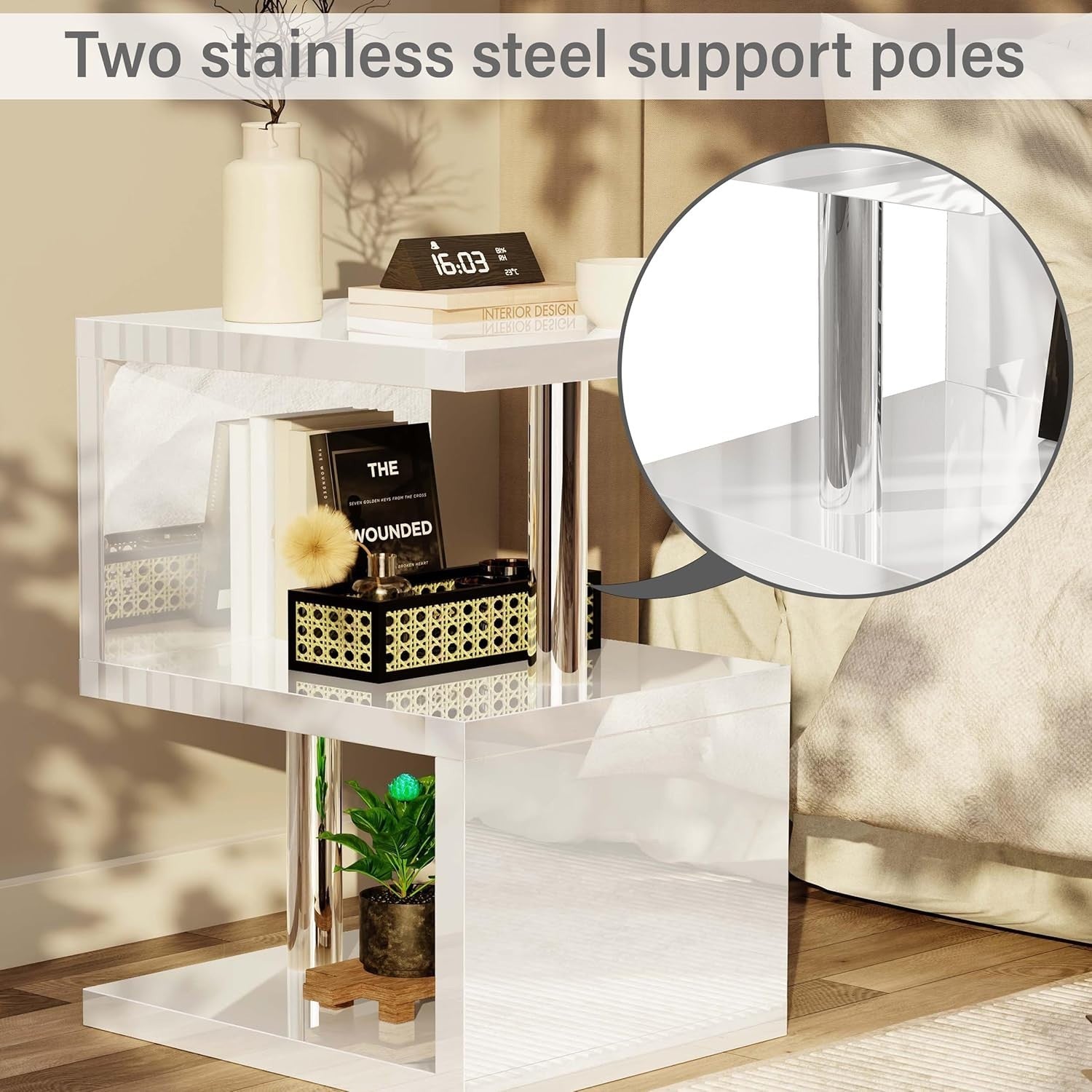 Modern S-Shaped LED Side Table with RGB Lighting & Storage Shelves 44x38x57cm