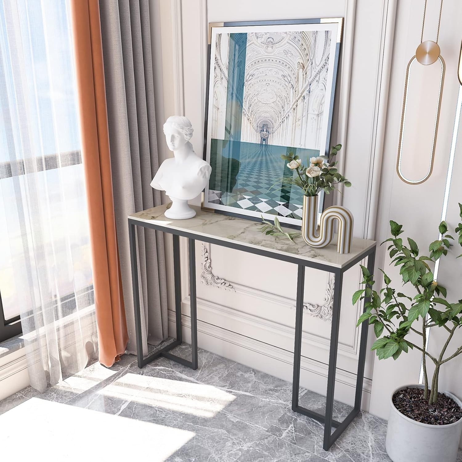Slim Marble Console Table White Gold 100cm Entryway Desk Metal Legs Modern