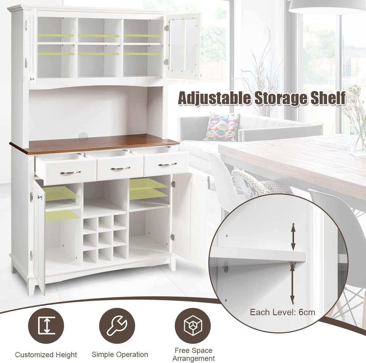 White Kitchen Sideboard 185cm Storage Cabinet Wine Rack Drawers Glass Doors