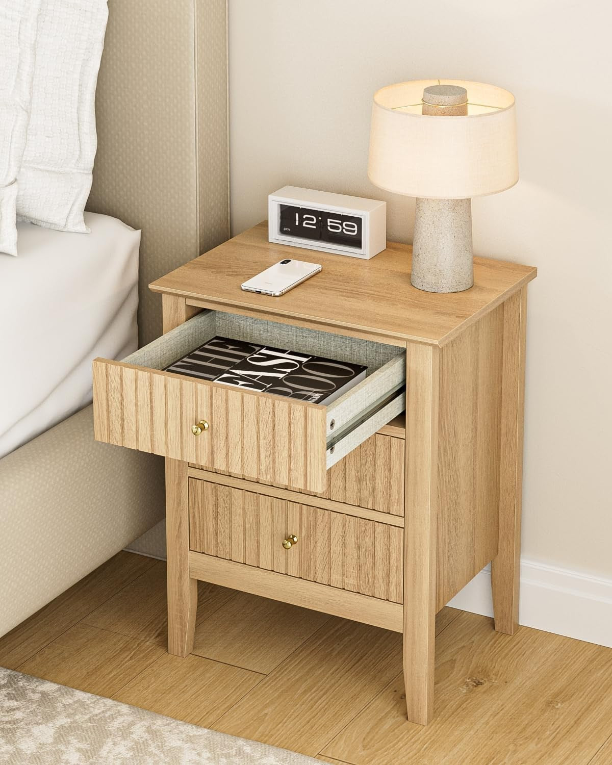 Modern Oak Bedside Table with 3 Drawers Wooden Nightstand Bedroom Storage