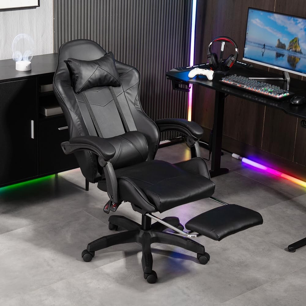Ergonomic Gaming Chair Reclining Swivel Office Chair w/ Footrest Black