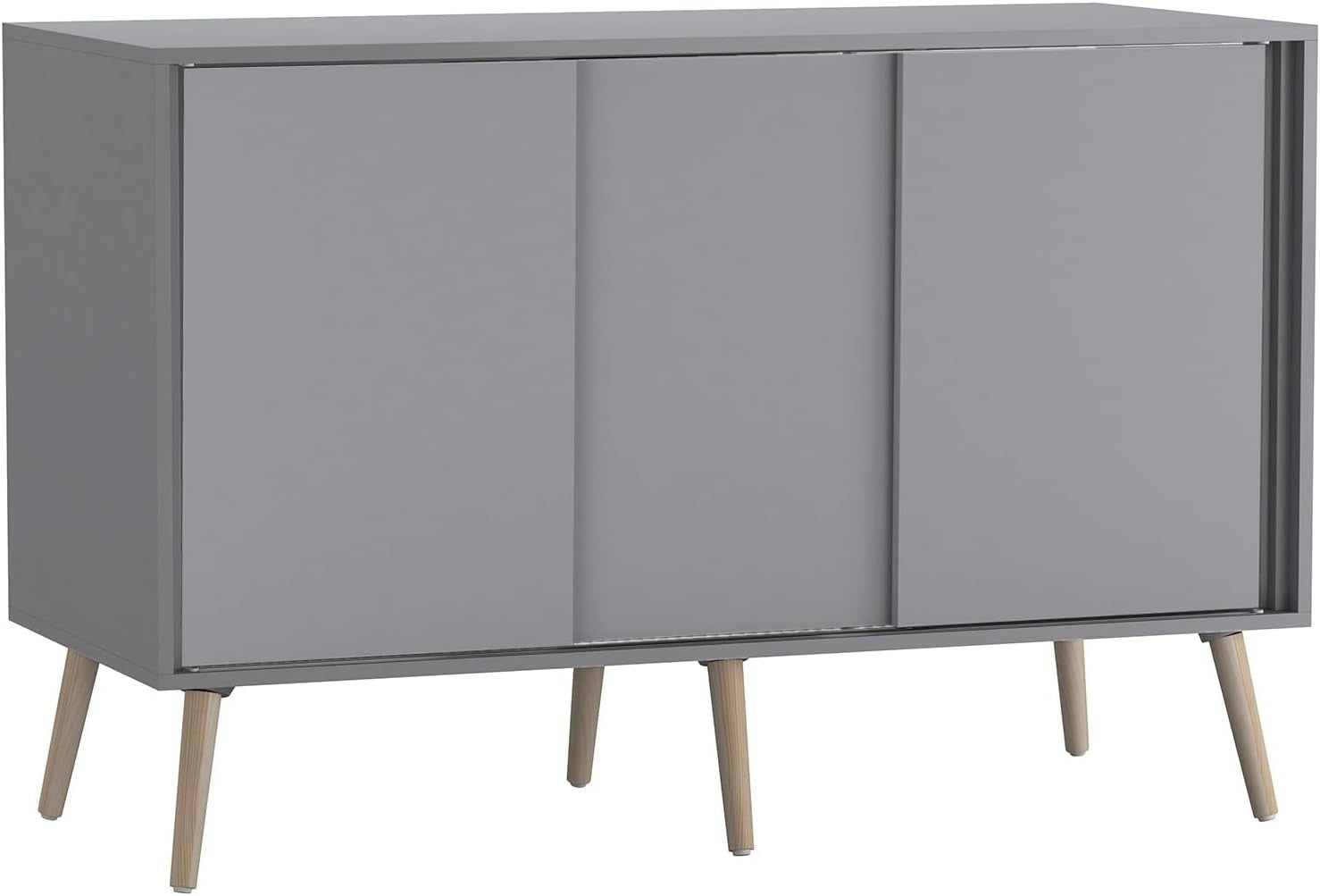 Grey Sideboard Cabinet 3 Door Sliding Storage Unit Modern Beech Legs