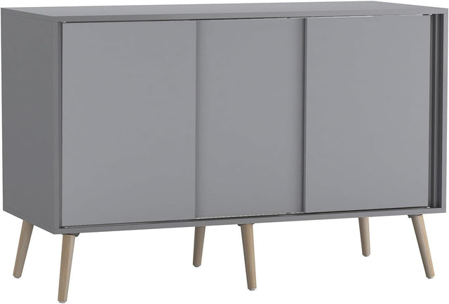 Grey Sideboard Cabinet 3 Door Sliding Storage Unit Modern Beech Legs
