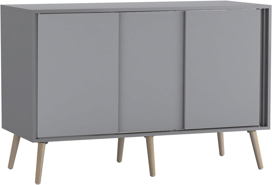 Grey Sideboard Cabinet 3 Door Sliding Storage Unit Modern Beech Legs
