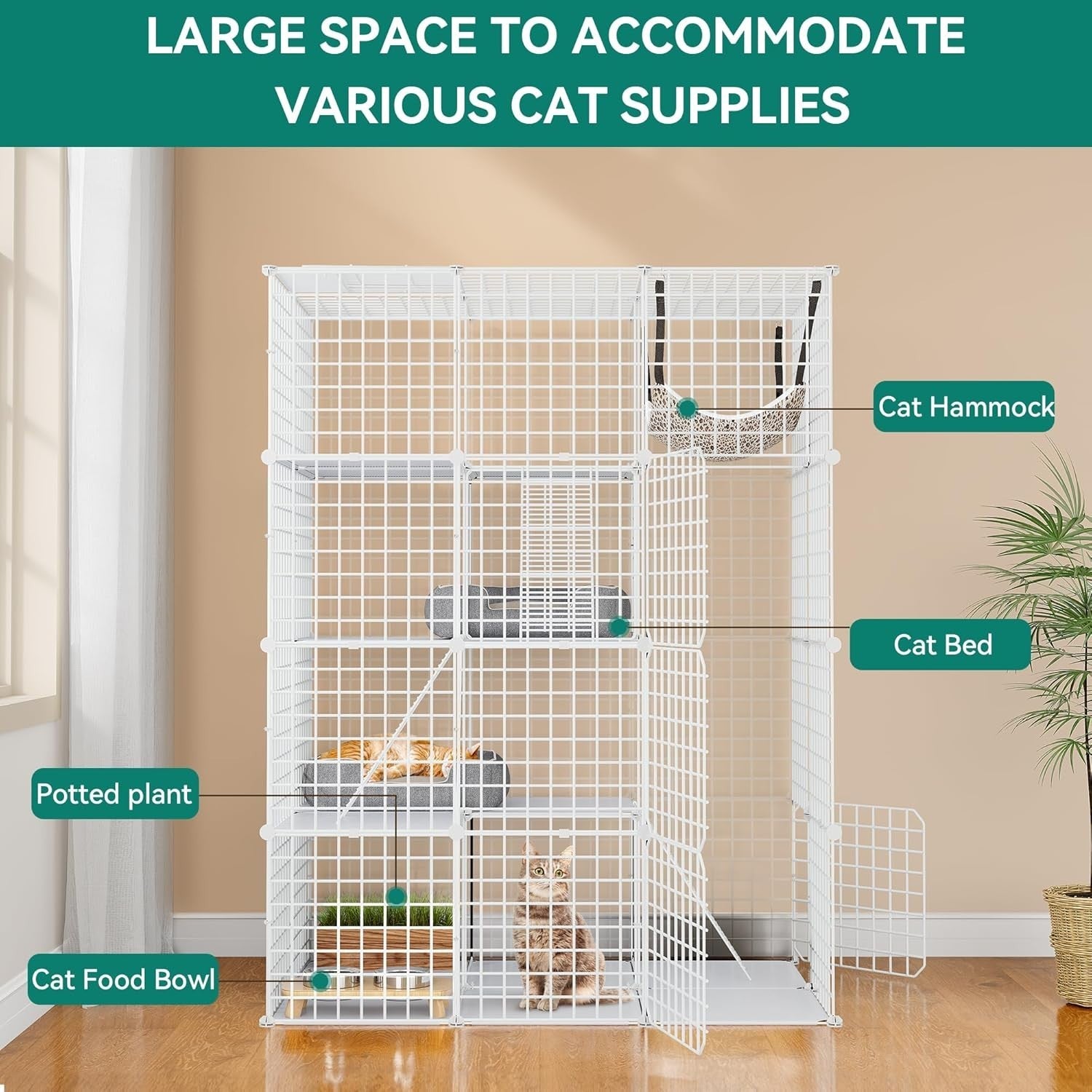 4-Tier Large Indoor Cat Cage Playpen with Hammock, 4 Doors & Ladders, 107x72x142