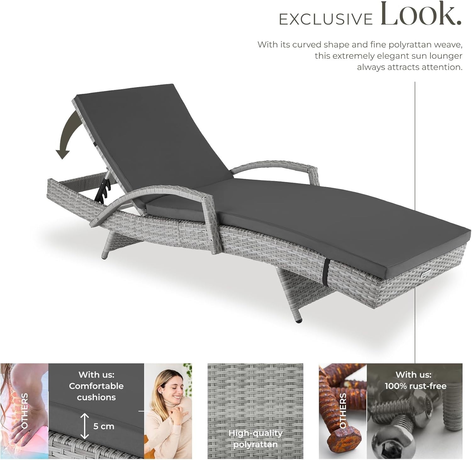 Adjustable Rattan Sun Lounger with Cushion, Weatherproof & Lightweight