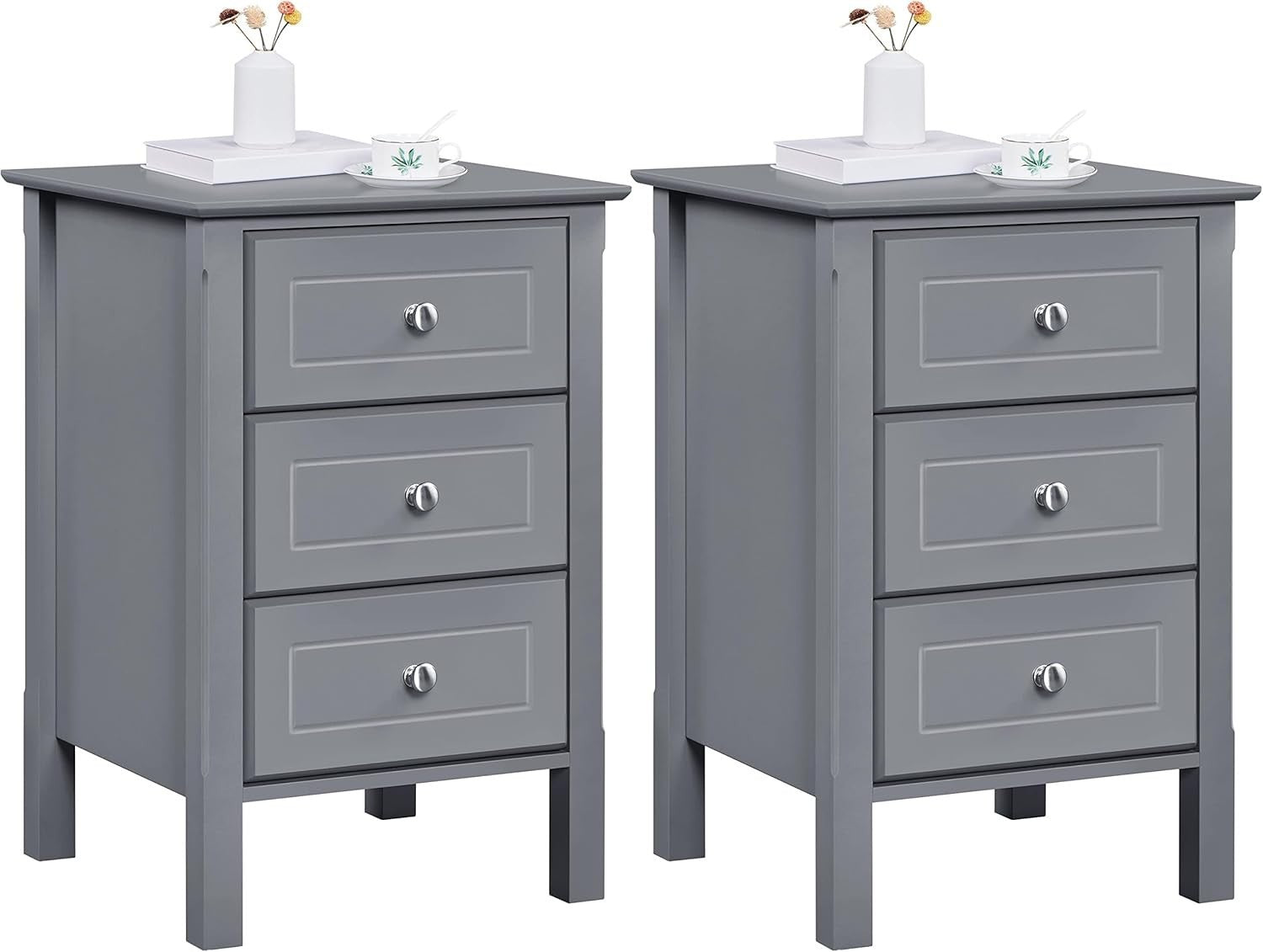 Dark Grey Bedside Tables Set of 2 – Wooden 3 Drawer Nightstand