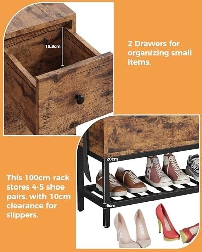 2-Tier Shoe Storage Bench with Drawers & Removable Cushion, Vintage Brown
