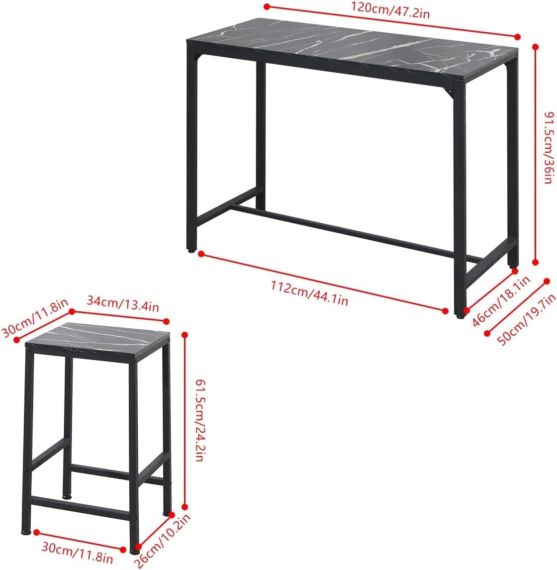 Black Marble Bar Table Set with 4 Stools Space-Saving Metal Frame Dining Set
