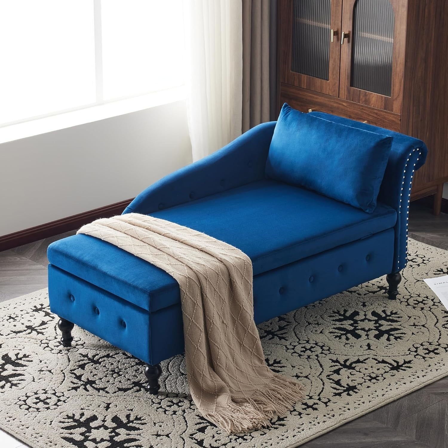 Velvet Chaise Lounge Sofa with Storage Button-Tufted Ergonomic Couch Blue