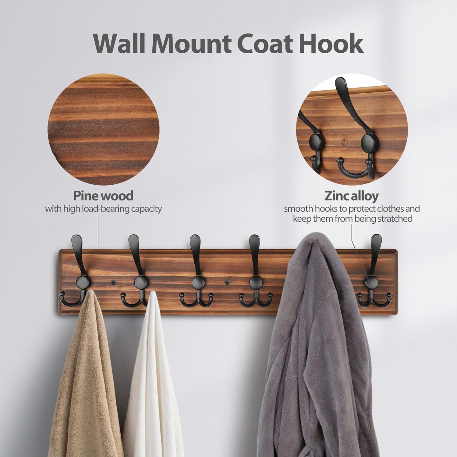 Wooden Wall Mounted Coat Rack | 6 Hook Heavy Duty Hallway Hanger Shelf