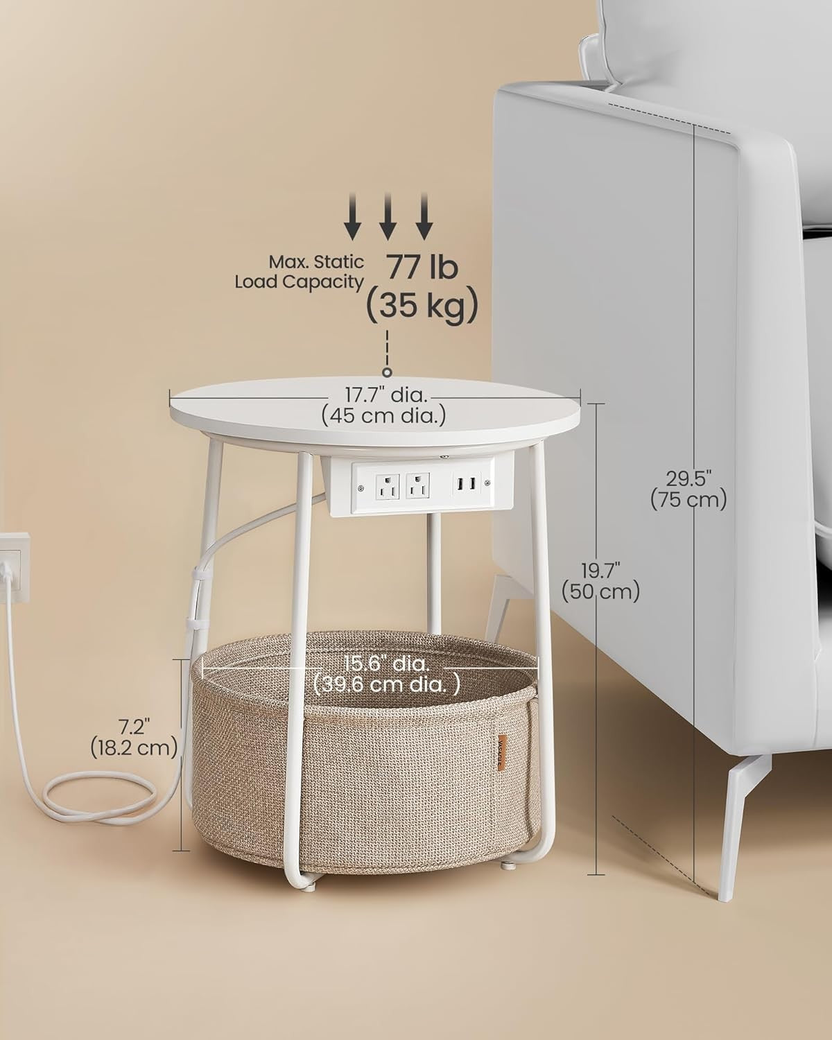 Round Side Table with USB Charging Ports, Storage Basket, Modern Bedside Stand