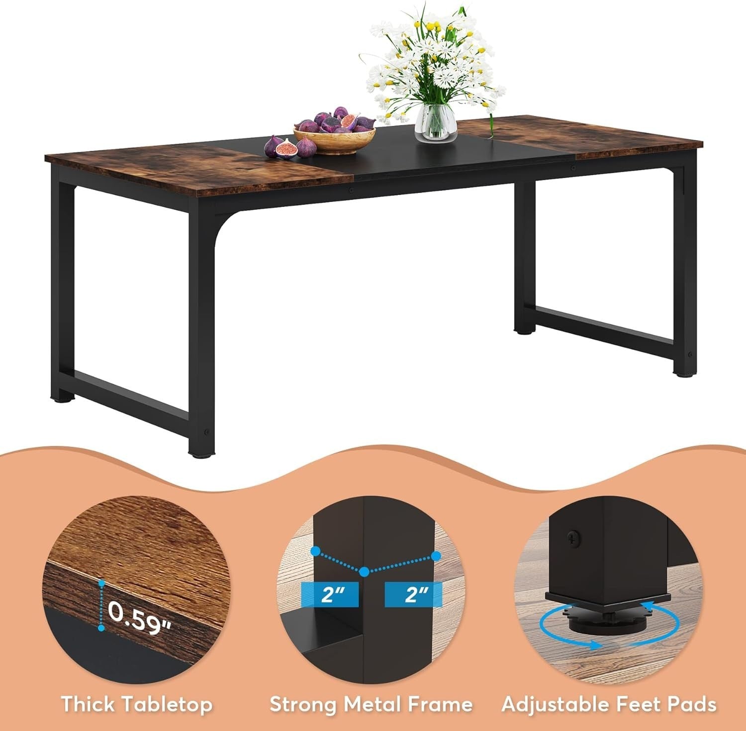 Industrial Dining Table for 6-8 – Metal Frame, Rustic Wood, 180cm