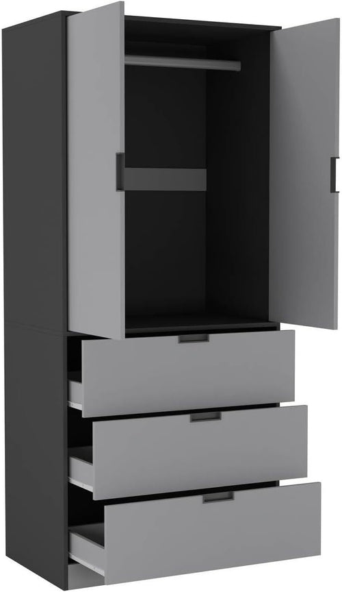 Grey 2 Door Wardrobe with Drawers & Hanging Rail Modern Storage Unit