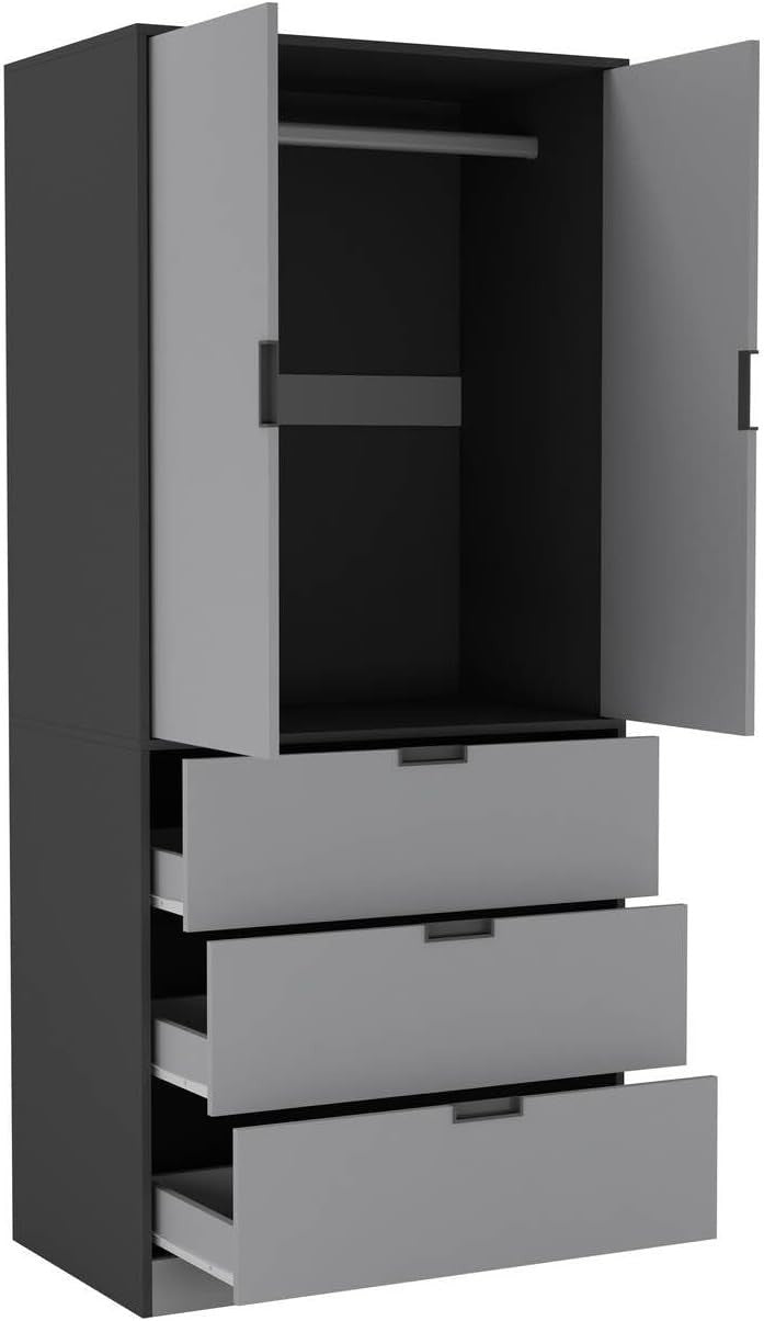 Grey 2 Door Wardrobe with Drawers & Hanging Rail Modern Storage Unit