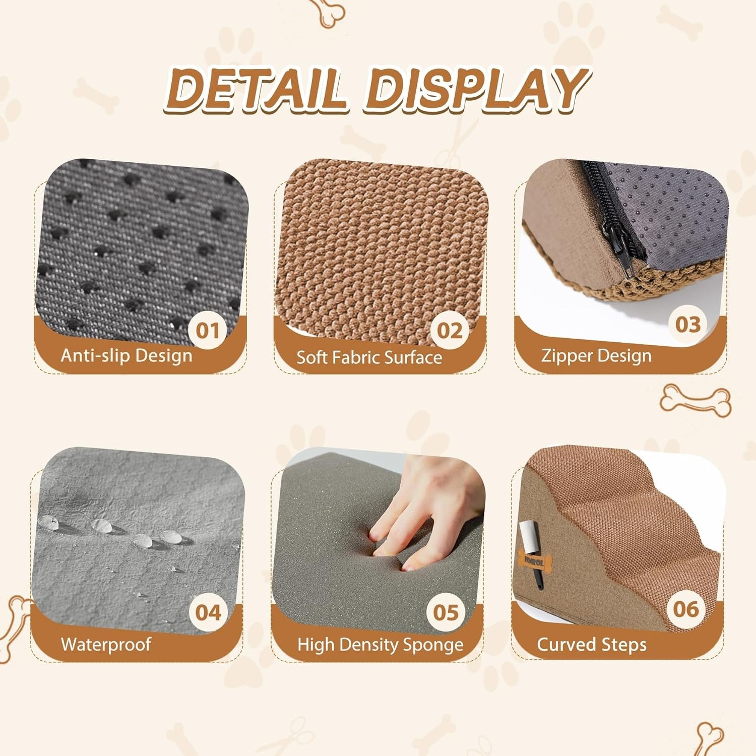 3 Step Dog Stairs Non Slip Pet Ramp for Bed Sofa Washable Brown