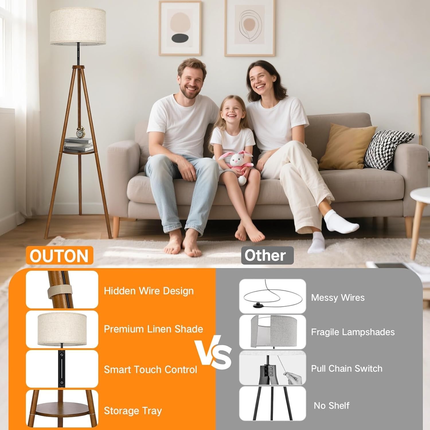 Wooden Tripod Floor Lamp Touch Remote Dimmable Shelf Linen Shade