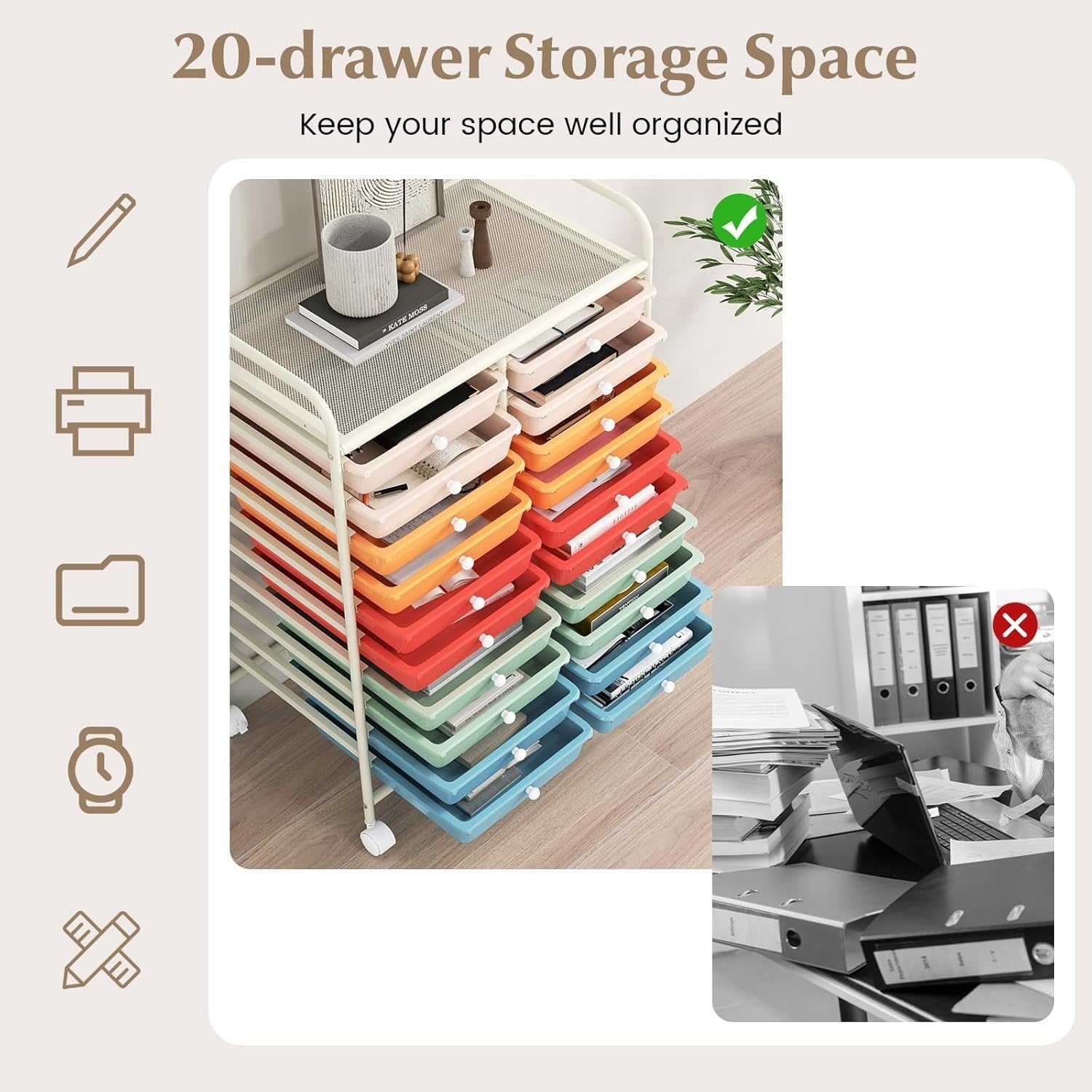 Colorful 20 Drawer Storage Trolley Rolling Cart Craft Office Organizer