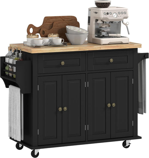 Kitchen Island Trolley on Wheels Storage Cabinet Drawers Shelves Solid Wood