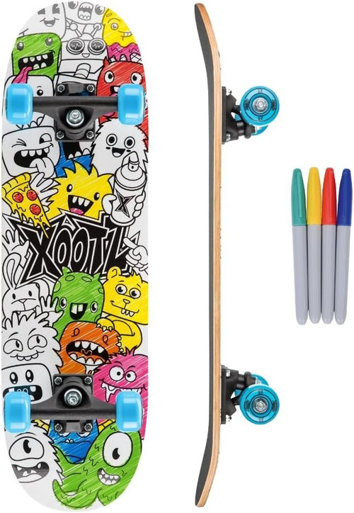 Kids Colour In Skateboard 28" Maple Deck Beginner Double Kick Gift Set